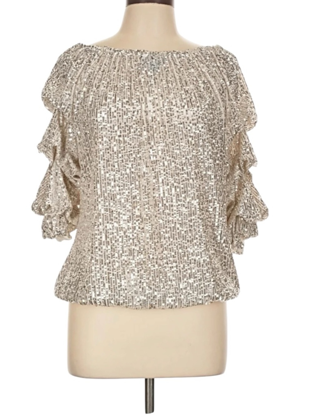 CeCe Elegant Sparkling 3/4 Sequin Ruffle Top Women’s Size Small Party Blouse